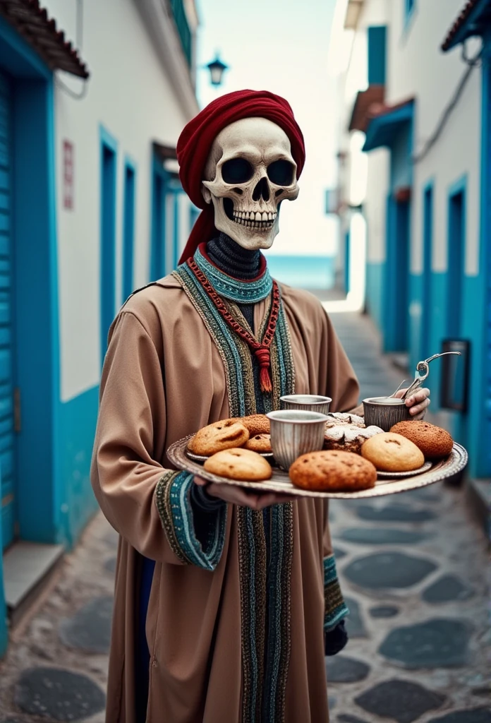 ((masterpiece)) ((photography)) ((Highest quality))  A skeleton wearing a jebba with a red chechia on its skull, holding a tray with mint tea and traditional pastries. He stands in a Tunisian medina with narrow streets, blue doors, and the sea visible in the background.