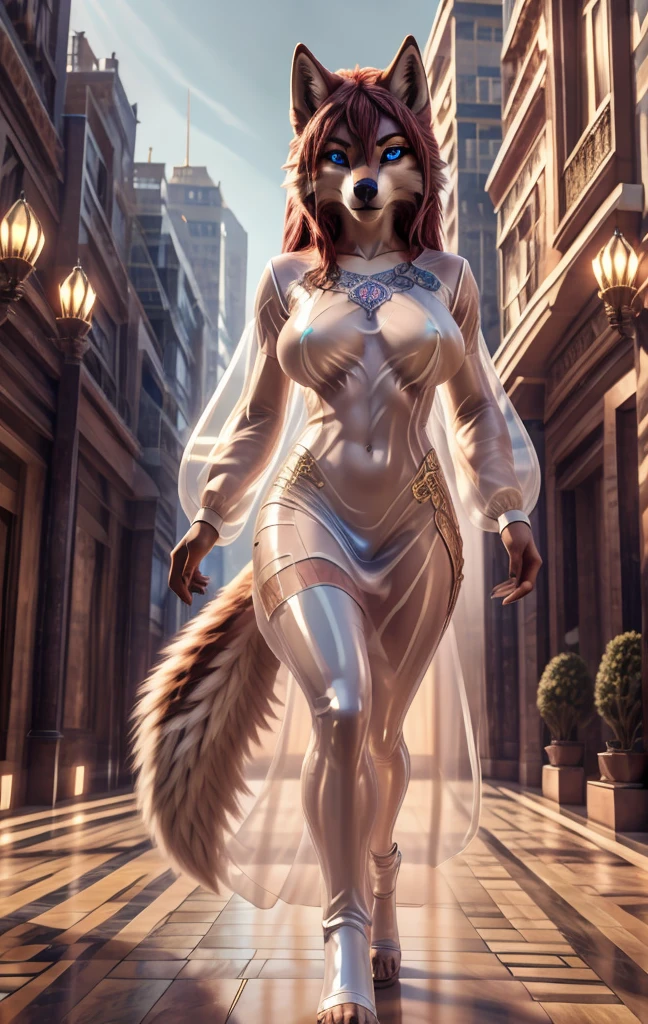  wolf, ears , realistic body tape, thin1tail ,perfect skin, face detailed, very oil skin,detalied blue eyes,perfect eyes,  scarlet hair,bare navel,gigantic breasts, white latex gloss, transparent dress, High-heele,  full length, extreme detailed,  masterpiece,8k, stunning, highly detailed, 8k, ornate, intricate, dehazed, atmospheric,duration:1.6), physically based visualization,bright colors,cinematic lighting, fantasy city, epic detailed,Шедевр,Высокое разрешение, Высокое качество, Улыбаться,  Рендеринг 8K, epic realism, Очень длинные волосы, Аккуратная челка, 