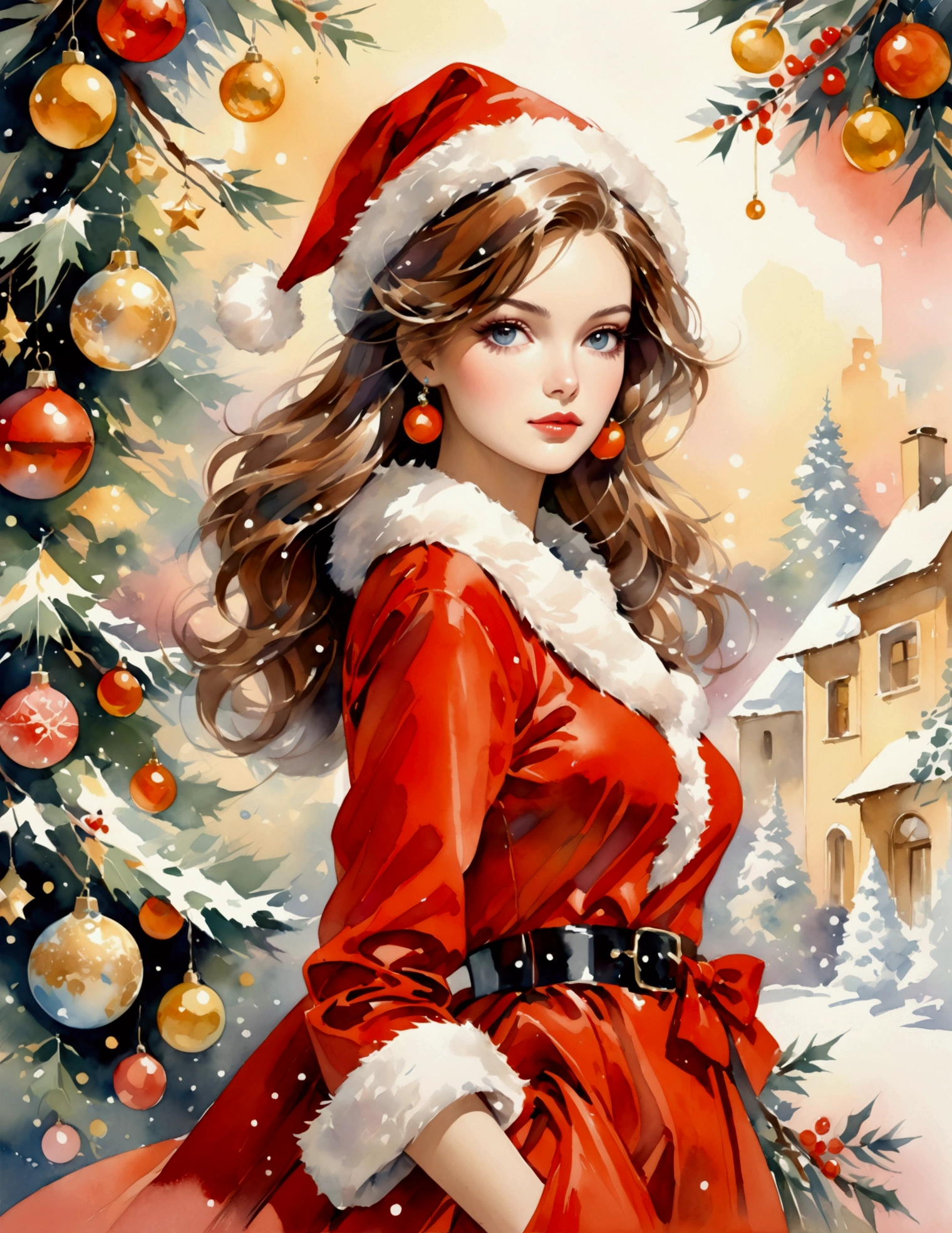 "Merry Christmas & Happy New Year", woman model in a Santa Claus costume, Christmas advertisement, high-end fashion illustration, magazine illustration, watercolor illustration style, Christmas decorations, Christmas Background, pastel tones, (tachisme), beauty, fir branches and ornaments, colorful illustration, feminine expression, fashion illustration, created by an illustrator. Willem Haenraets Style, oil and watercolor painting