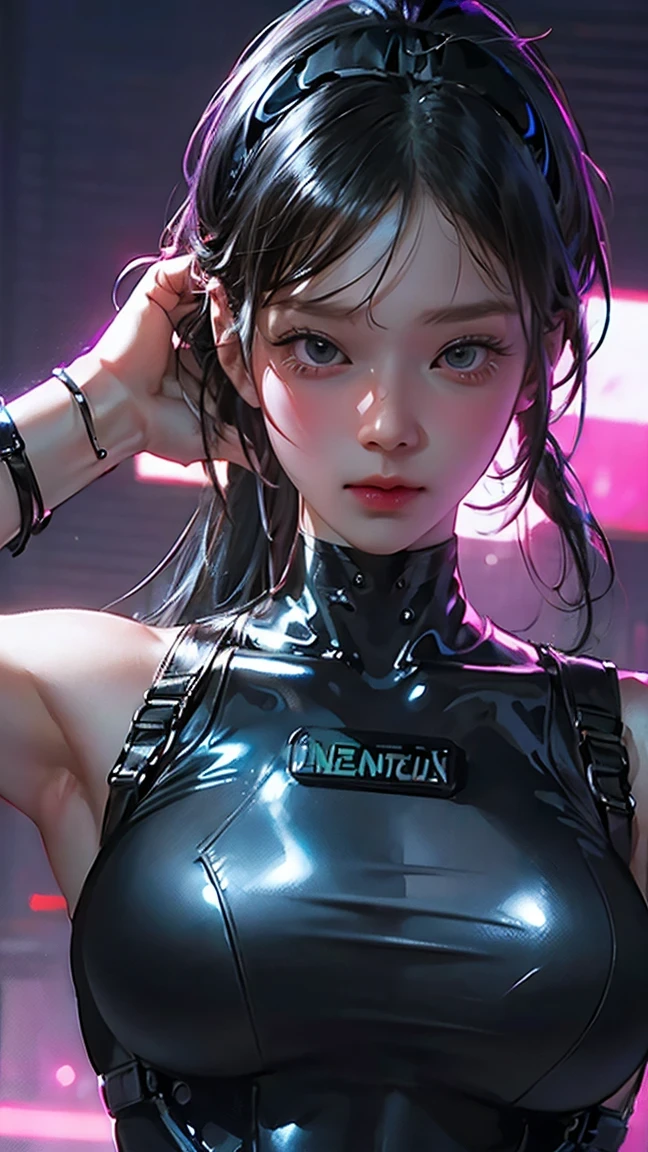 (  Masterpiece  :1.2, top quality, top quality,Very  Details:1.2),8k, wallpaper,( one woman),( future female SWAT team members ),( Very Fitted Black Tactical Bodysuit),( tactical headset),( tactical holster ),(Tactical hand bag),break(serious),( ponytail ),( black hair),( beautiful face),(  beautiful eyes ),(  beautiful eyes ),(Very  Detailsな顔),( VERY DETAILS WOMAN'S HAND),(Muscular),( sexy),(Big Breasts),(thick thighs),( beautiful body),( The background is a futuristic city's neon street :1.6),(  cyberpunk :1.0),(((hand,  Details,perfection,perfectionion,hand))),(Beautiful female hand),(Accurate hand drawing)