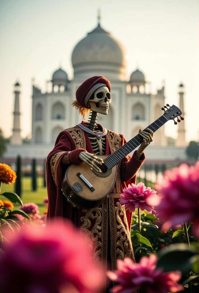 ((masterpiece)) ((photography)) ((Highest quality))  A skeleton dressed in a traditional Indian sherwani with gold embroidery, wearing a turban adorned with a jewel. He holds a sitar, standing in front of the Taj Mahal at dawn, with vibrant flowers in the foreground.