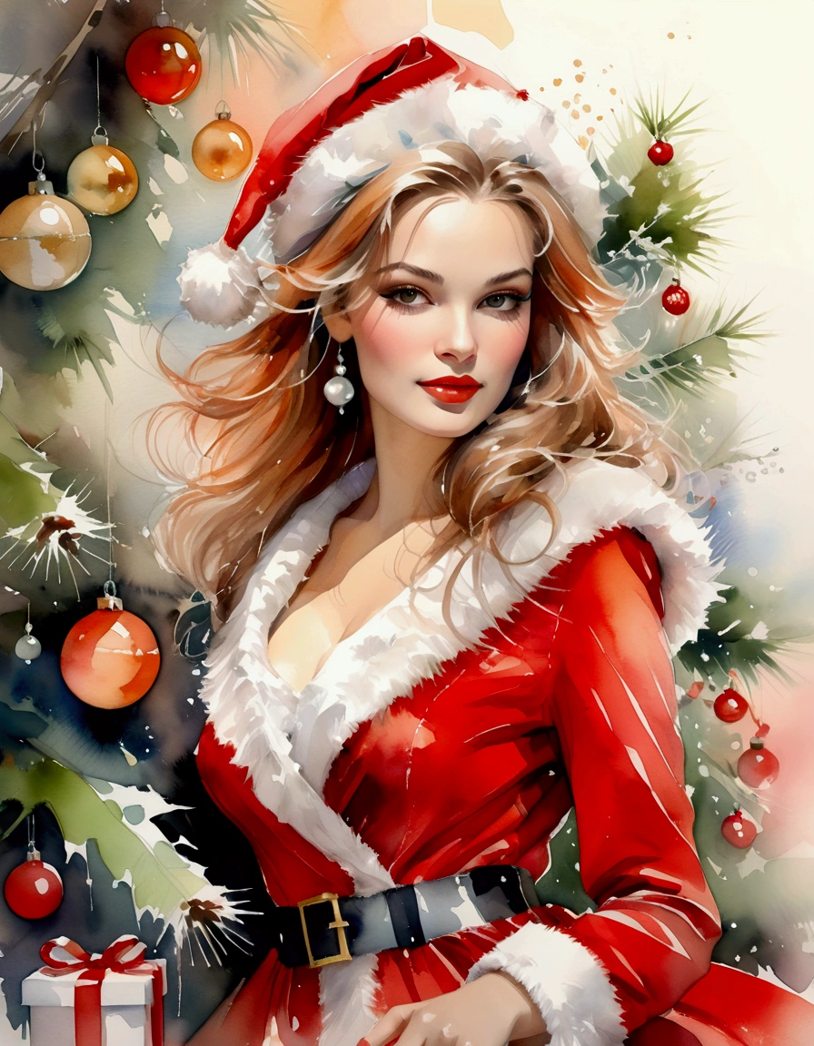 "Merry Christmas & Happy New Year", woman model in a Santa Claus costume, Christmas advertisement, high-end fashion illustration, magazine illustration, watercolor illustration style, Christmas decorations, Christmas Background, pastel tones, (tachisme), beauty, fir branches and ornaments, colorful illustration, feminine expression, fashion illustration, created by an illustrator. Willem Haenraets Style, oil and watercolor painting