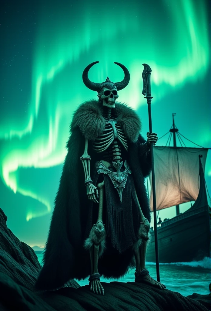 ((masterpiece)) ((photography)) ((Highest quality))  A skeleton wearing a Viking helmet with horns, a fur cloak, and holding a massive axe. He stands on a rocky shoreline with a longship behind him, and the northern lights glowing brightly in the sky.