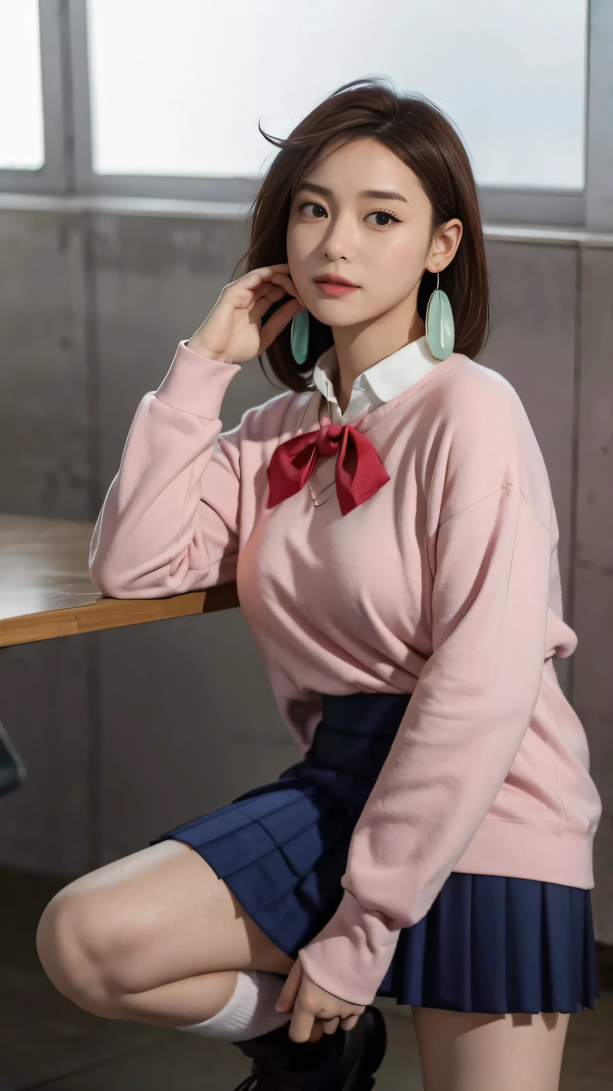 extremely high quality photo, Momo Ayase, sharp focus, realistic, source_photo, proper alignment, young Japanese model, cafe setting, city at night background, glamorous, sexy, seductive, portrait, detailed face, smiling, happy, ayase_wz, medium hair, brown hair, brown eyes, large breasts, chocker, choker, red bowtie, (pink cardigan:1.2), long cardigan, long sleeves, blue skirt, pleated skirt, school uniform, short skirt, earrings, loose socks, white socks