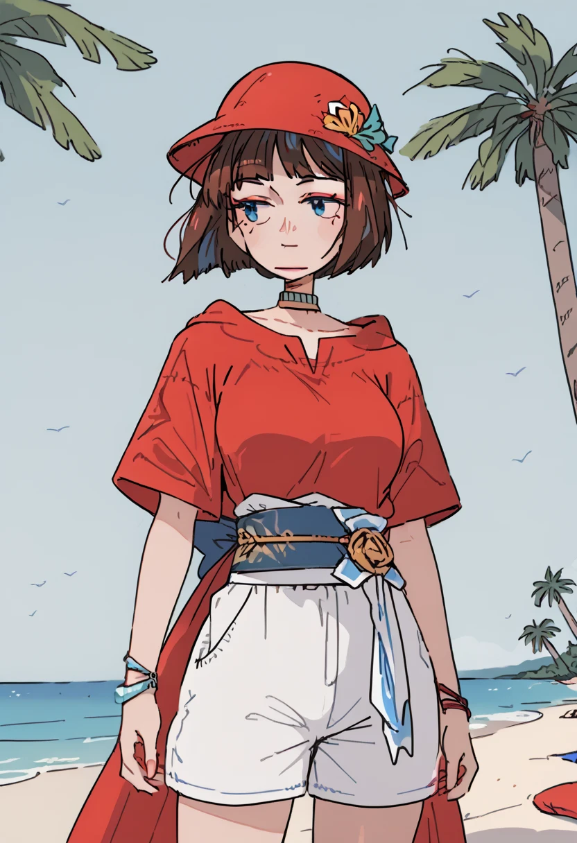 score_9, score_8_up, score_7_up, source_anime, 1woman, mature, human female, human, detailed face, jawline, smooth skin, beige skin, beautiful eyes, blue eyes, brunette, big breasts, bob cut hair, red headwear, hat, beach, palm tree, bracelet, jewelry, neck ring, red shirt, sash, short sash, shirt, shorts, strapless, strapless shirt, waist cape, white shorts, 