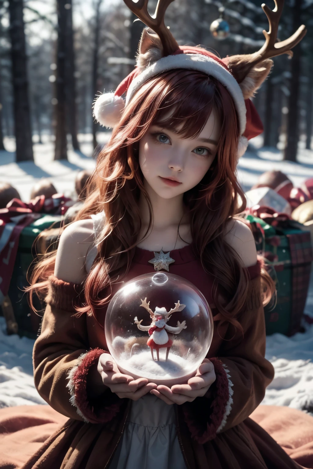 A girl dressed in Santa Claus holding a snow globe, red haired, bob hair, crystal colored reindeer in the snow, next to it, a pile of Christmas gifts