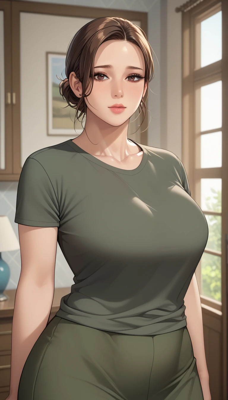 (masterpiece, best_quality:1.2), 1girl, solo, mature female, a1m33, brown hair, low bun, (housewife:1.5, green t-shirt, black long skirt), beautiful eyes, female focus, large breast, wide hips, looking at viewer, ((close up shot)) ((solo)) detailed, very high resolution, no blurry image, (cowboy shot), standing, beautiful, serene expression, intricate details, detailed background, indoors