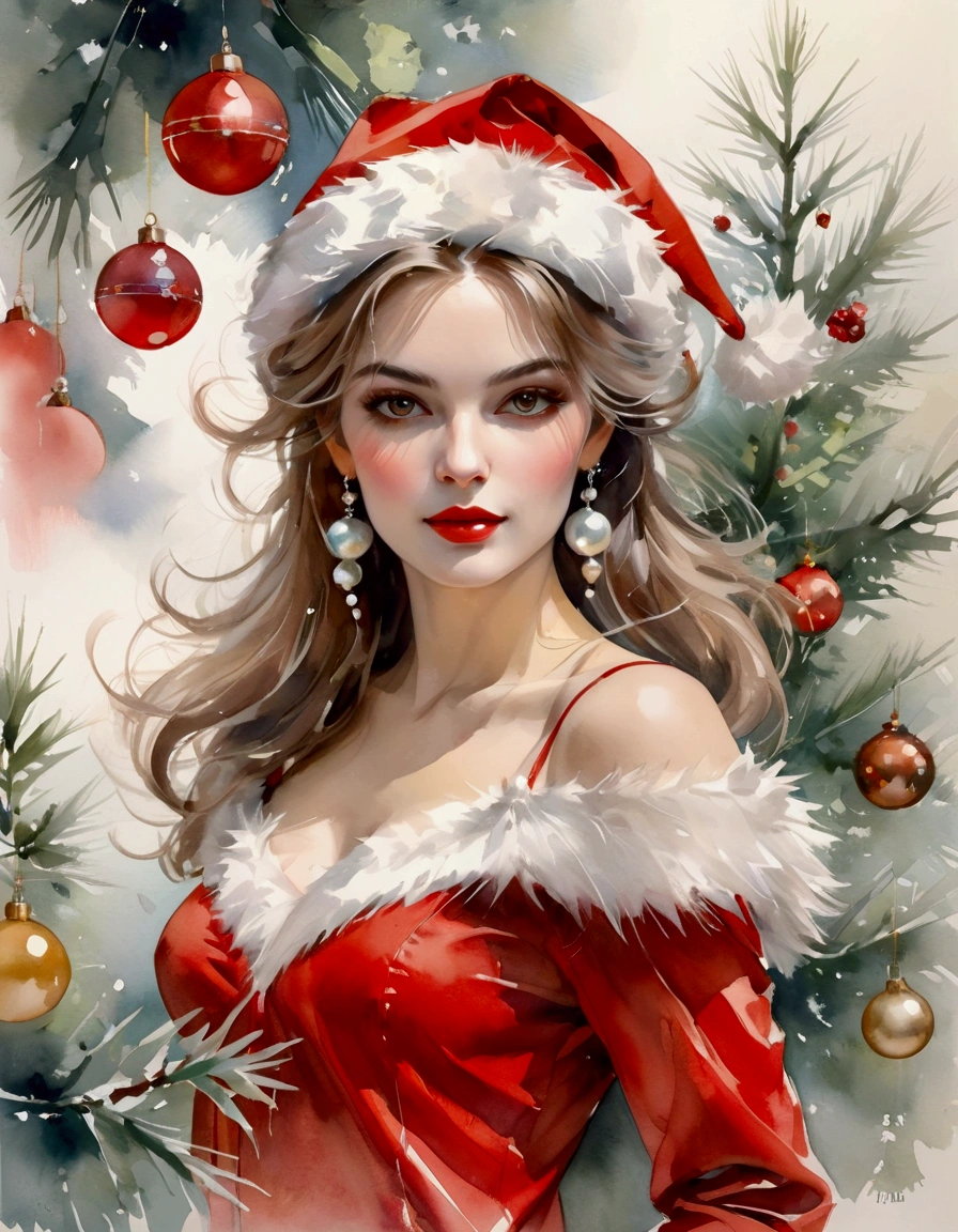 "Merry Christmas & Happy New Year", woman model in a Santa Claus costume, Christmas advertisement, high-end fashion illustration, magazine illustration, watercolor illustration style, Christmas decorations, Christmas Background, pastel tones, (tachisme), beauty, fir branches and ornaments, colorful illustration, feminine expression, fashion illustration, created by an illustrator. Willem Haenraets Style, oil and watercolor painting