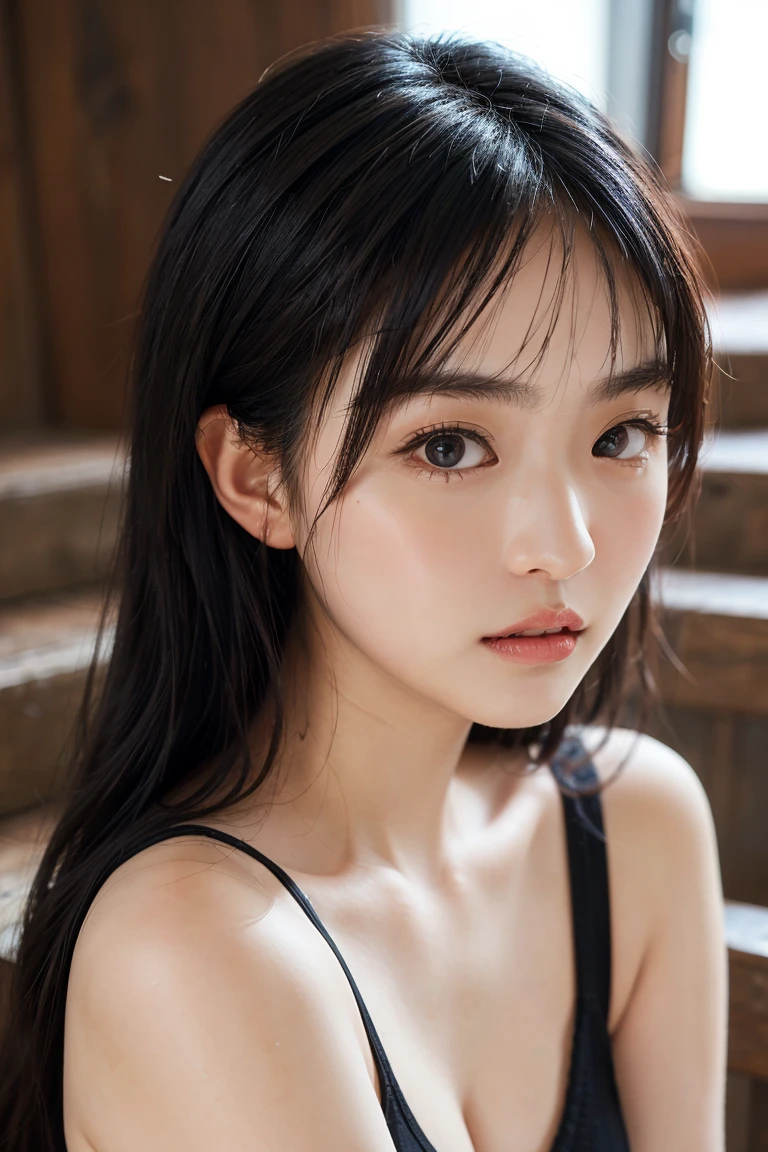  RAW photo of a Japanese woman in her late 20s wearing a black top and black sweater perfectly recreated down to the smallest detail, So that every hair is clearly visible , Thick, crisp eyebrows , long lashes,Shining Eyes,Thick Small Lips , Times Square ,Seductive Sensuality , realistic skin texture in the middle of a wooden staircase, Macro Skin Details ,  realistic . 8k, Photo quality,35mm Film,1/2000 seconds,ISO100,