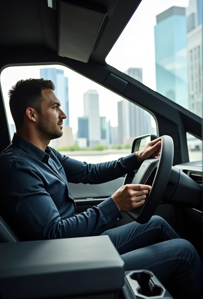 a photo of a men driving in the interiorcybertruck, its a sunny day, you can see the city through the glass