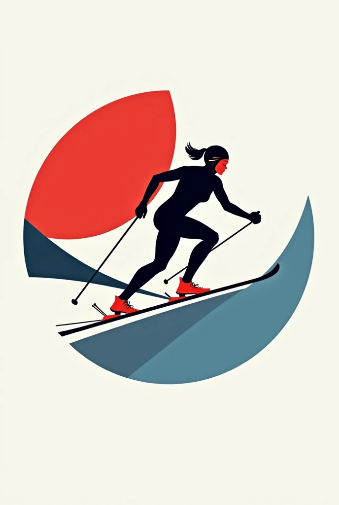 A simple vector logo of a woman ski sprinter, simple colors, vector art, round, Black and Red and white and blue colors 