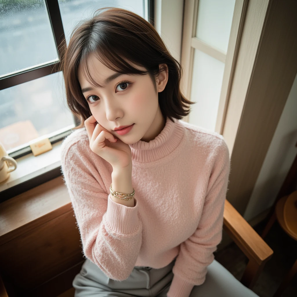 masterpiece, best quality, illustration, Super detailed, fine details, High resolution, 8K,wall paper, perfect dynamic composition,(Details High quality, realistic depiction of eyes:1.3), Tight turtleneck pink sweater, pleated skirt, short bob hair、black hair color, Big Natural Color Lip, bold sexy pose, crying a little、cold gaze, Harajuku style、acrobatic pose, 20 year old girl、cute type、lolita、beautiful legs, hotel room, gravure idol, Voluptuous thighs, huge breasts, (Don't expose it)