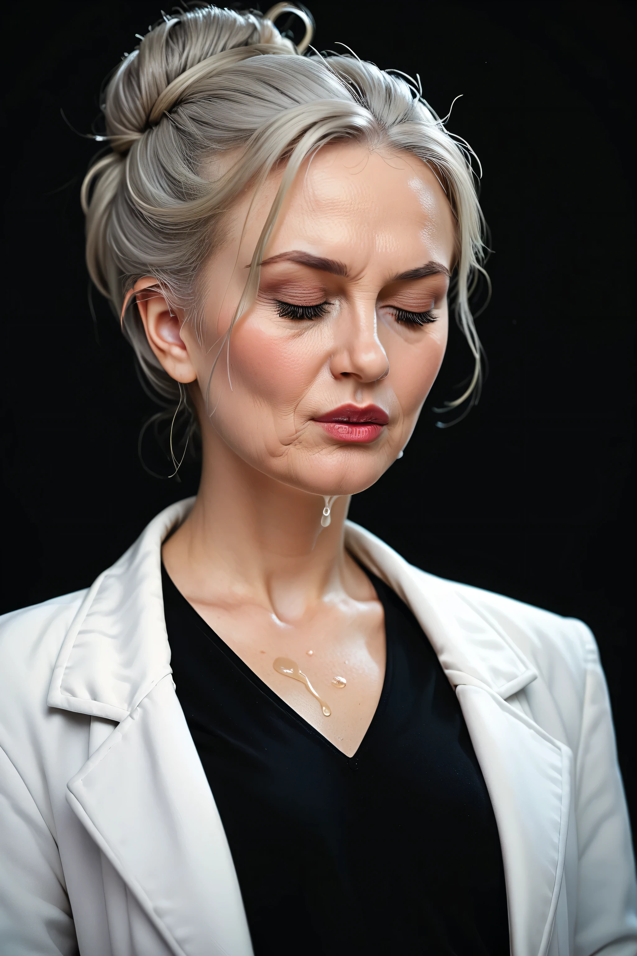 score_9, score_8_up, score_7_up, solo, carrie underwood, ((eyes closed, flushed face, moaning)) gray haired woman, black background, elderly, lab coat_blackshirt_highneck, professional hairbun, carrie underwood, front view_facingviewer, blushing, looking away, large dark eyes, flatchest, , blue liquid on chin
