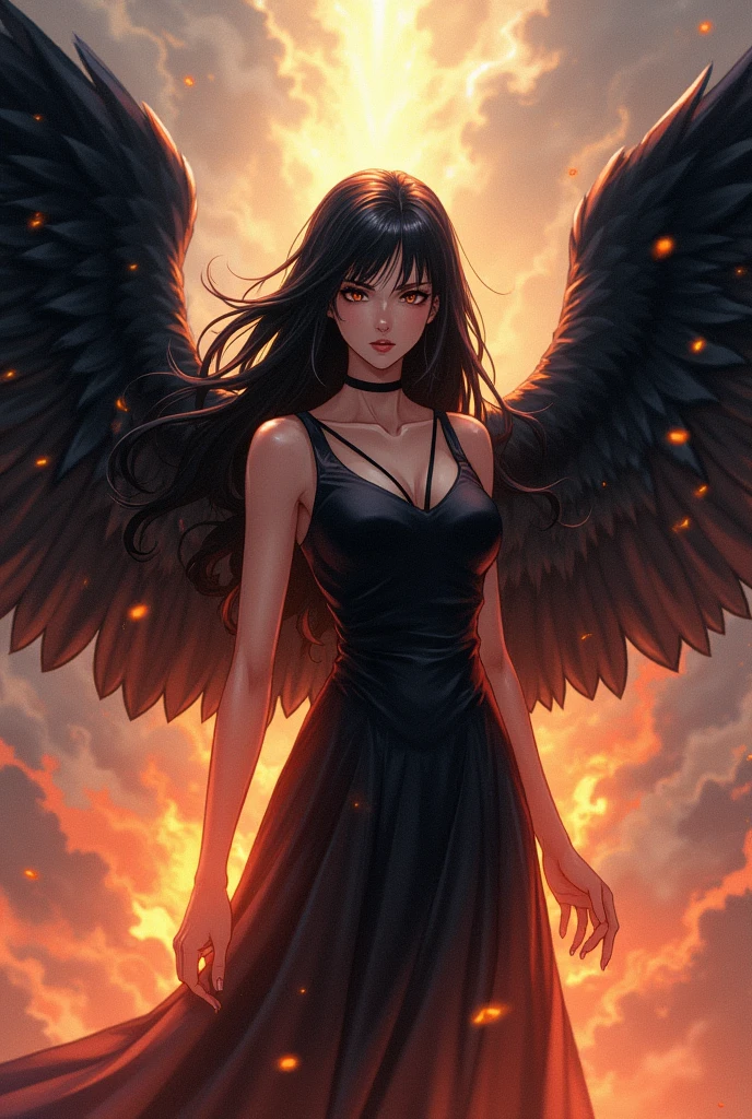 Beautiful adult woman with black hair and amber eyes of perfect anatomy, Ancient Greek clothing in black, black wings on back on a blood floor anime style