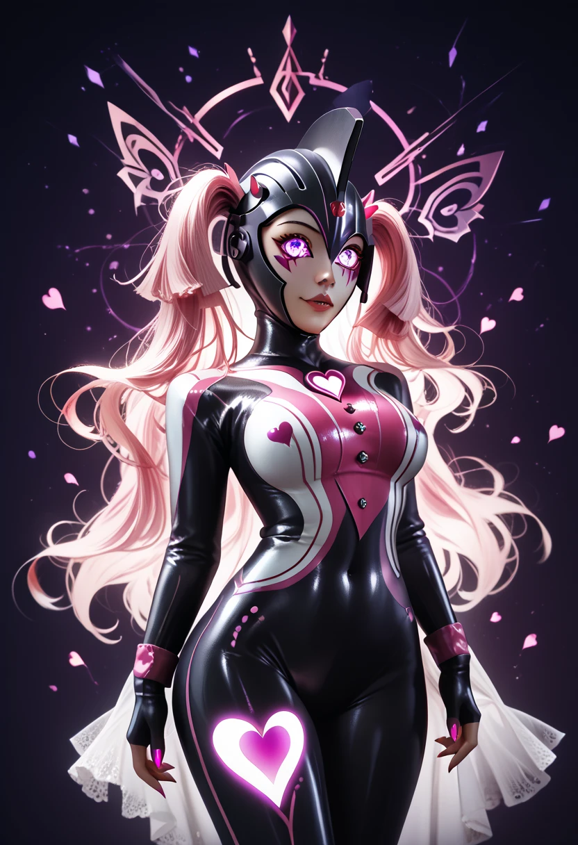 Dark Mother of Ultra. （high quality）（luster）（(Black Face and red eyeline)）（Black and purple thema color. black helmet. A full-face helmet. Pink lines. Purple glowing mechanical eyes. The whole body is covered with a black bodysuit. Thick legs. Spike decoration. Pink lines all over the body. Heart tattoo . purple coloreye. pink glow crystal. pink sharp claw. Night background.