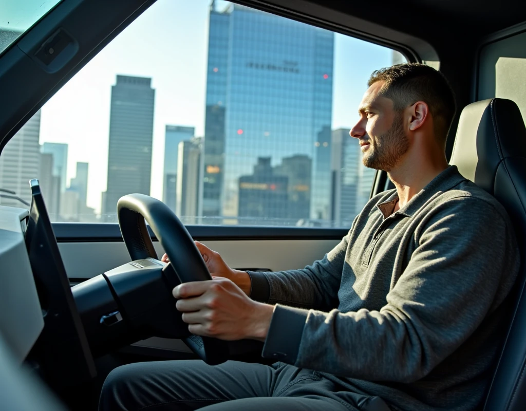 a photo of a men driving in the interiorcybertruck, its a sunny day, you can see the city through the glass