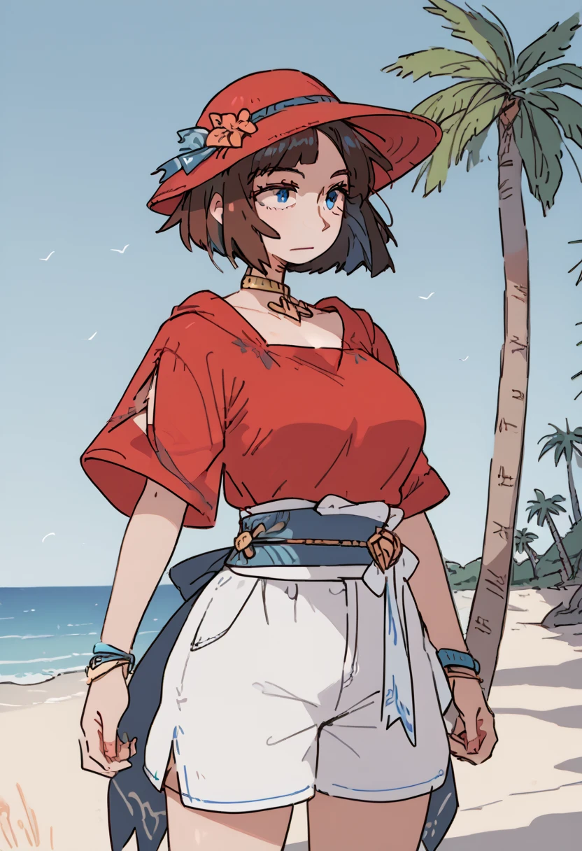 score_9, score_8_up, score_7_up, source_anime, 1woman, mature, human female, human, detailed face, jawline, smooth skin, beige skin, beautiful eyes, blue eyes, brunette, big breasts, bob cut hair, red headwear, hat, beach, palm tree, bracelet, jewelry, neck ring, red shirt, sash, short sash, shirt, shorts, strapless, strapless shirt, waist cape, white shorts,