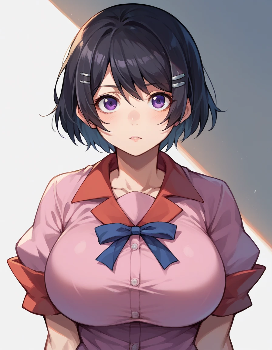 Hanekawa Tsubasa, short hair, black hair, hair ornament, purple eyes, hairclip,Big Breasts　School　machine　