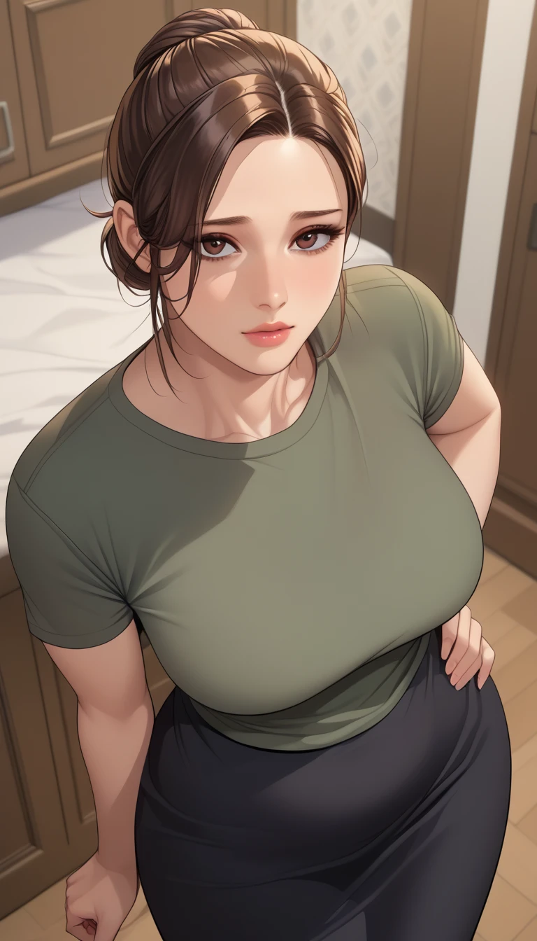 (masterpiece, best_quality:1.2), 1girl, solo, mature female, a1m33, brown hair, low bun, (housewife:1.5, green t-shirt, black long skirt), beautiful eyes, female focus, large breast, wide hips, looking at viewer, ((above view)) ((close up shot)) ((solo)) detailed, very high resolution, no blurry image, (cowboy shot), standing, beautiful, serene expression, intricate details, detailed background, indoors