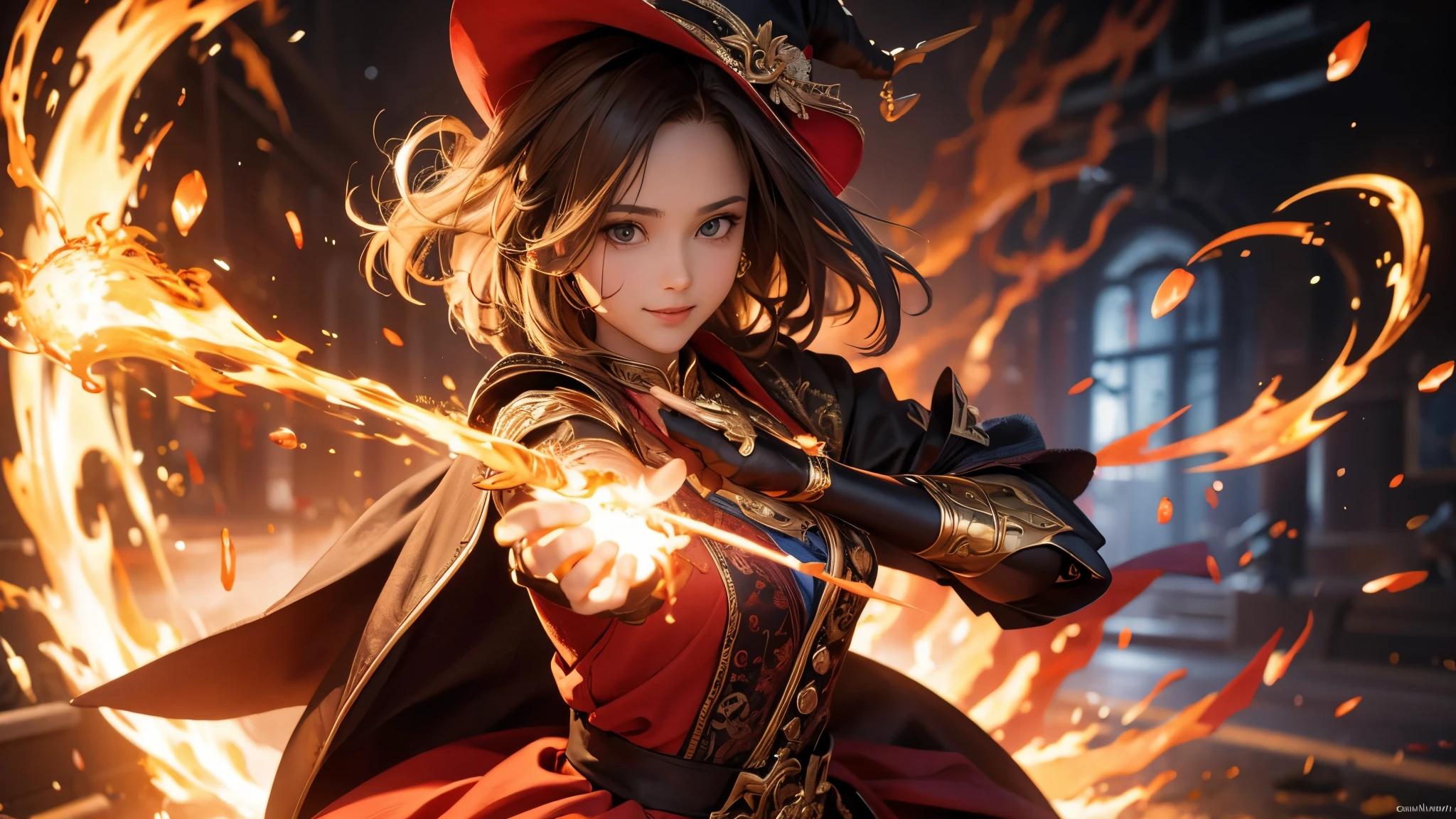 (( top quality)),( super high resolution ),( super detailed),( detailed description ),(( best CG )),( Best Artwork ), Ultra Precision Art, amazing painting art,(Exquisite art:1.5), witch, smile, The magic circle that spews fire,  action scene, plasma, Burst