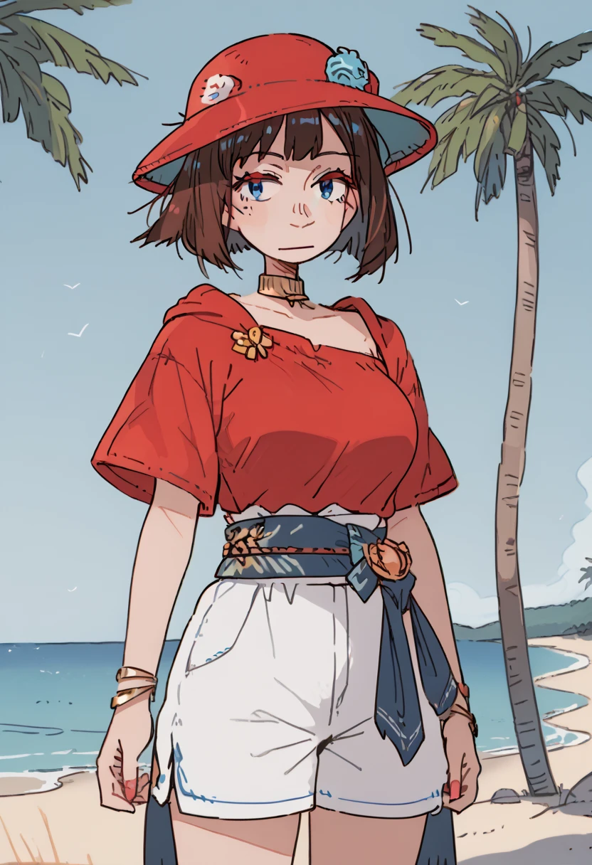 score_9, score_8_up, score_7_up, source_anime, 1woman, mature, human female, human, detailed face, jawline, smooth skin, beige skin, beautiful eyes, blue eyes, brunette, big breasts, bob cut hair, red headwear, hat, beach, palm tree, bracelet, jewelry, neck ring, red shirt, sash, short sash, shirt, shorts, strapless, strapless shirt, waist cape, white shorts,