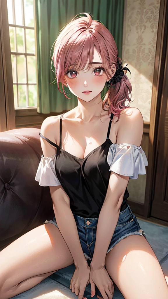 (Masterpiece, BestQuality:1.3), (ultra detailed:1.2), (hyperrealistic:1.3), (RAW photo:1.2), High detail RAW color photo, professional photograph, (Photorealistic:1.4), (realistic:1.4), (Pink Hair:1.5), professional lighting, perfect , (:1.2), (blush, detailed face), (cheerful Smile:1.5), Trending Hair&Trending Hairカラーをランダムに, earrings, necklace, bracelet, sexly,  sexly, Random  gravure poses, (A beautiful secretary in a black miniskirt and a  shirt、Sitting on a chair in a cafe、Smile as if seducing。Legs crossed in black stockings and black high heels、A pose that shows off a deep 。: 1.3)