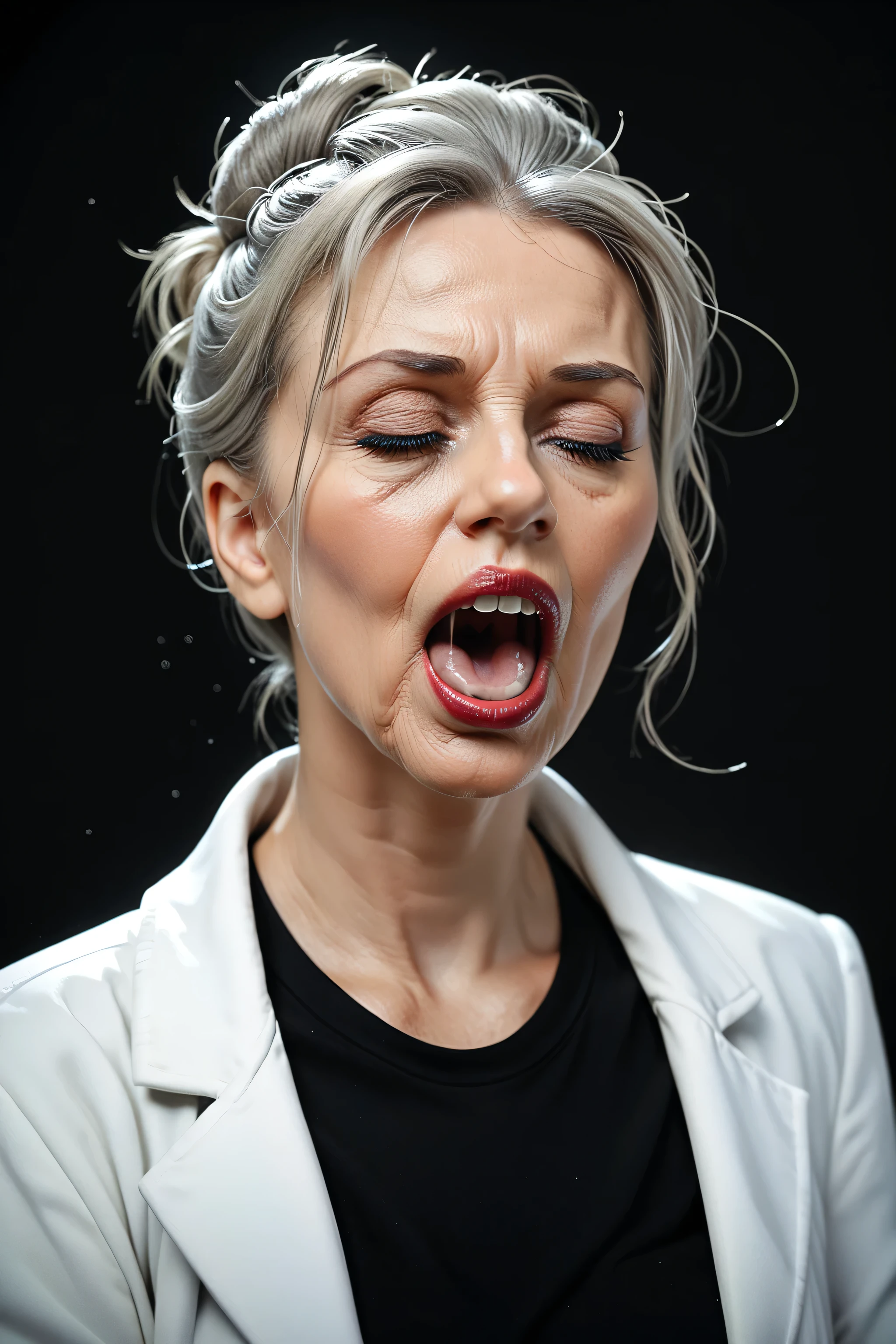 Prompt: score_9, score_8_up, score_7_up, solo,carrie underwood, gray haired woman, black background, elderly, lab coat_blackshirt_highneck, professional hairbun, carrie underwood, front view_facingviewer, screaming orgasm,orgasm_face