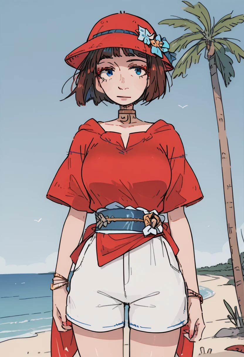 score_9, score_8_up, score_7_up, source_anime, 1woman, mature, human female, human, detailed face, jawline, smooth skin, beige skin, beautiful eyes, blue eyes, brunette, big breasts, bob cut hair, red headwear, hat, beach, palm tree, bracelet, jewelry, neck ring, red shirt, sash, short sash, shirt, shorts, strapless, strapless shirt, waist cape, white shorts,