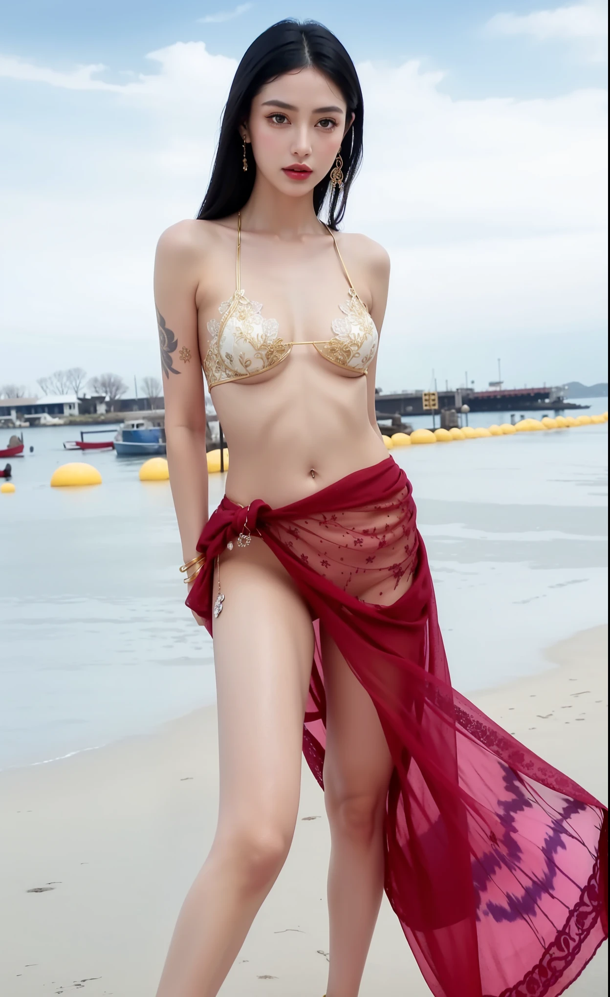 ((Best Quality)),NSFW,((photo realistic)),((Absurd resolution,Ultra High Resolution,Highly detailed)),(Highly detailed face:1.2),(sunshine),beach,sea,blue sky,1girl,((Japanese woman)),full body,(metallic blue eyeshadow:1.2),m3tallic,(makeup:1.2),(mature female),(closed eyes:1.3),(red fundoshi:1.3),(fun-roku),feminine,(sexy pose),((beautiful)),(pretty face),(screaming:1.3),(erect penis:1.2),((penis peek)),detailed skin,(Pubic hair),(topless:1.4),(bushy eyebrows),straight eyebrows,Low eyebrows,(thick lips:1.3),(Glossy lips),(lip stick),((blush)),(statuesque body:1.4),curvy hips,wide forehead,braid,Perfect Anatomy,(flat chest:1.6),(Black medium hair),erect nipples,(white hat),accessory