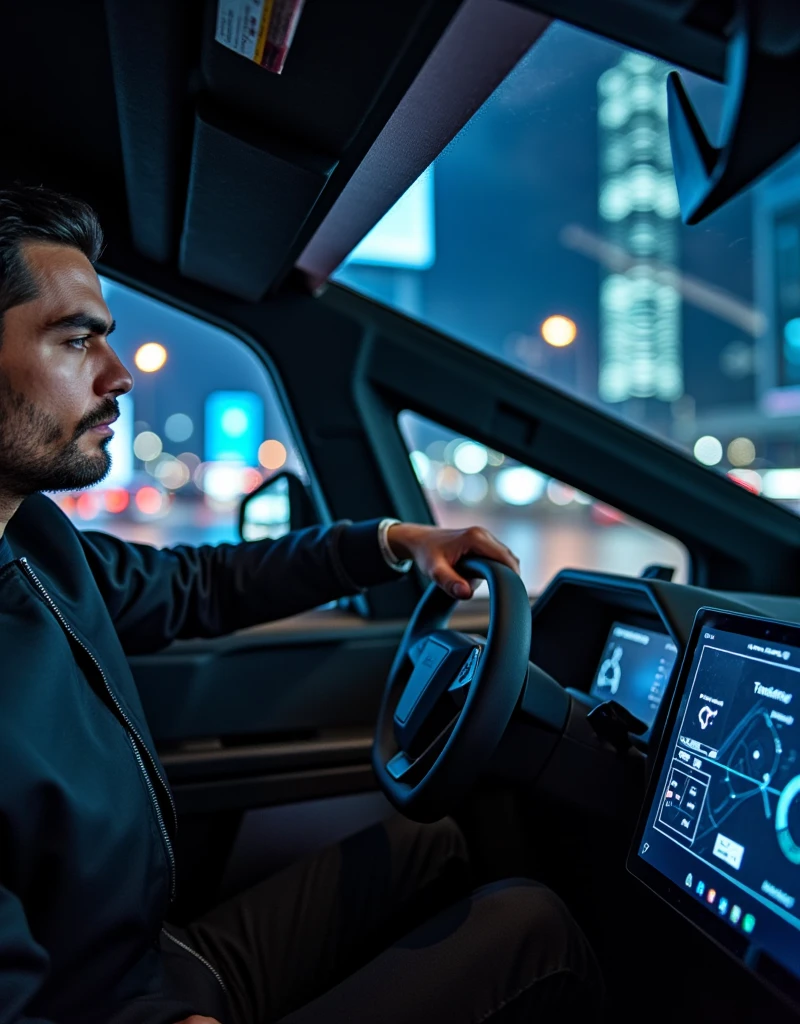 a photo of a handsome male model driving at night in the interiorcybertruck, you can see the city lights through the glass,