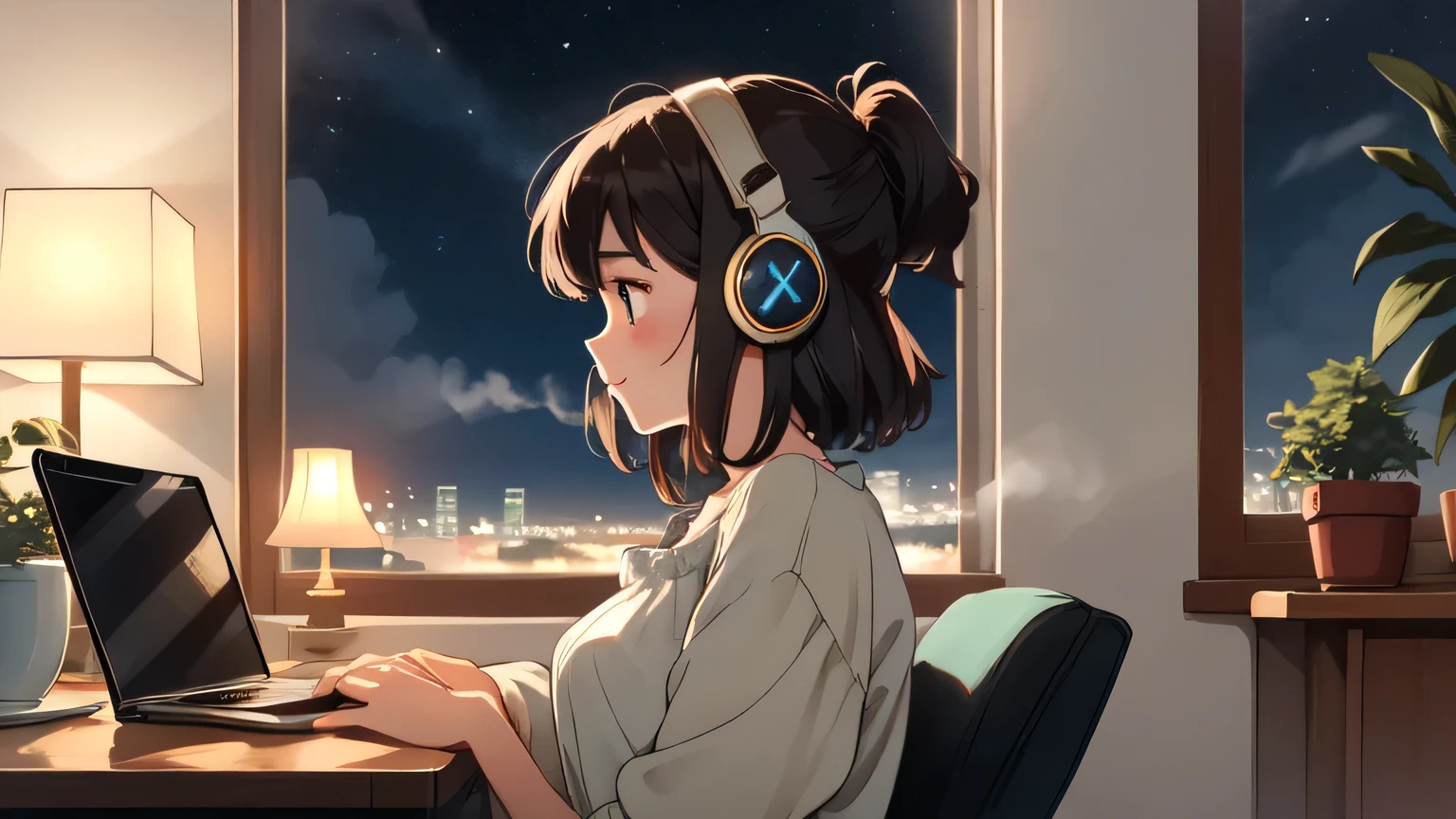 A dreamy, lofi-inspired illustration of a girl in profile view, relaxing in a cozy room. The ambiance is soft and calming, featuring warm, muted lighting. She wears headphones, immersed in music, with a slight, serene smile. Her hair is gently swaying as if caught in a light breeze. The background shows a window with a starry night sky and glowing city lights, evoking a chill and emotional vibe. Include subtle details like a steaming cup of tea on a desk and a glowing laptop screen, emphasizing a peaceful, creative atmosphere.