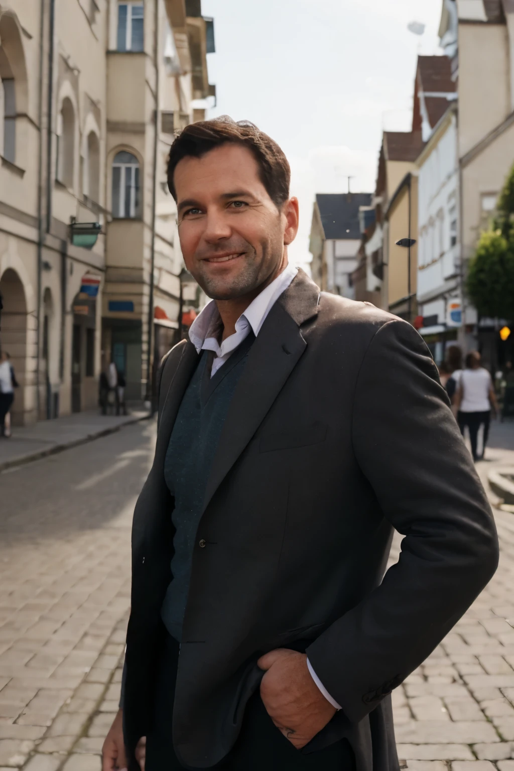 A European man , 55 years old,  shoulder-length brown hair ,  looks at the camera smiling and wearing a black suit and stands in the city of Lörrach