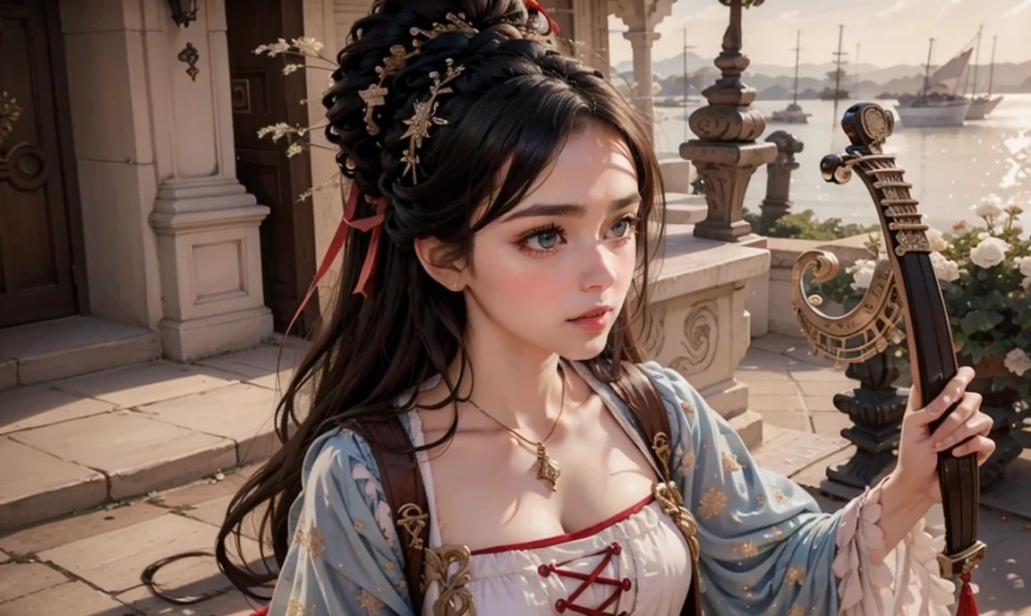 close up. classy stunning gorgeous female high-class bard, blushing but happy, wearing expensive clothing, carrying a lyre, walking behind you, looking at the viewer.