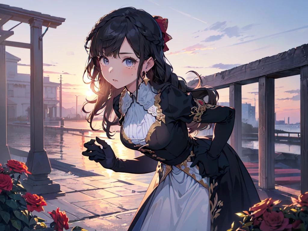 (solo girl, one girl :2), (adorable expression), ((hair tied in a big blue ribbon))), (((long black hair))), ((lots of hair accessories))), (((teardrop earrings))), (((light blue high neck dress, opera gloves))), (leaning forward with hands behind her back :2), ((surrounded by lots of red flowers)))), (sunset sky, sunset, night sky, ), (bust from the side), (((high resolution, masterpiece, accurate, anatomically correct, multiple awards, top quality, detailed, high quality, extremely detailed, ultra high resolution))).