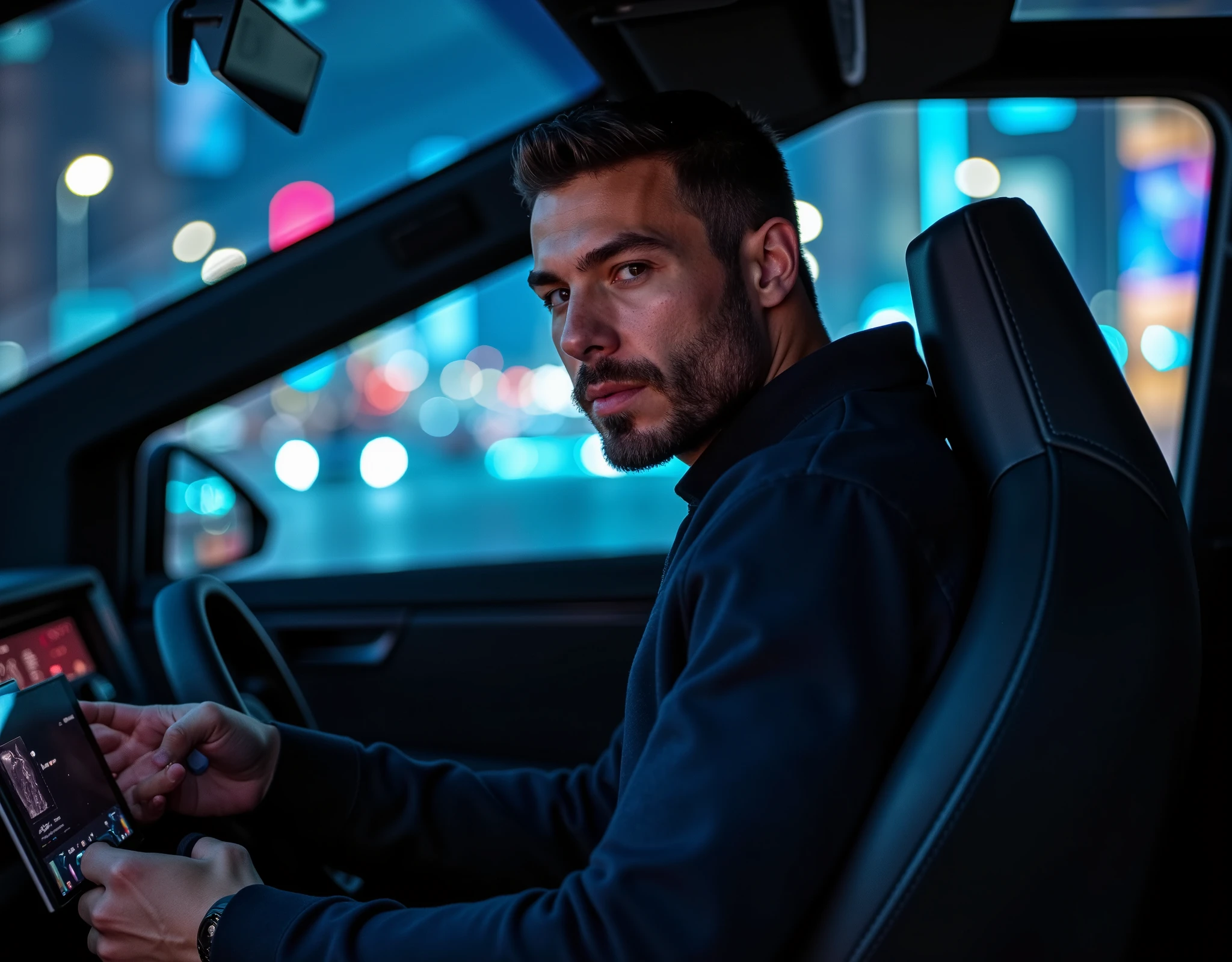 a photo of a handsome male model driving at night in the interiorcybertruck, you can see the city lights through the glass,