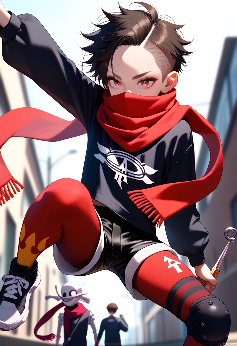 masterpiece, highest_quality, ultra_detailed, anime, depth_of_field, 1boy_focus, boy is (japanese_femboy, (black_hair, messy_hair, crew_cut, forehead_bangs, black_slant_eyes, close_set_low_eyebrows, large_ears), flat_chest, (skeleton_mask:1.5, oversized_shirts, (wide_leg_shorts, leggings):1.5, leather_shoes, legace, knee_pad, scarf):1.5, fighting_pose), five_fingers, detailed_face, full_of_details, holding_dagger, dual_wielding