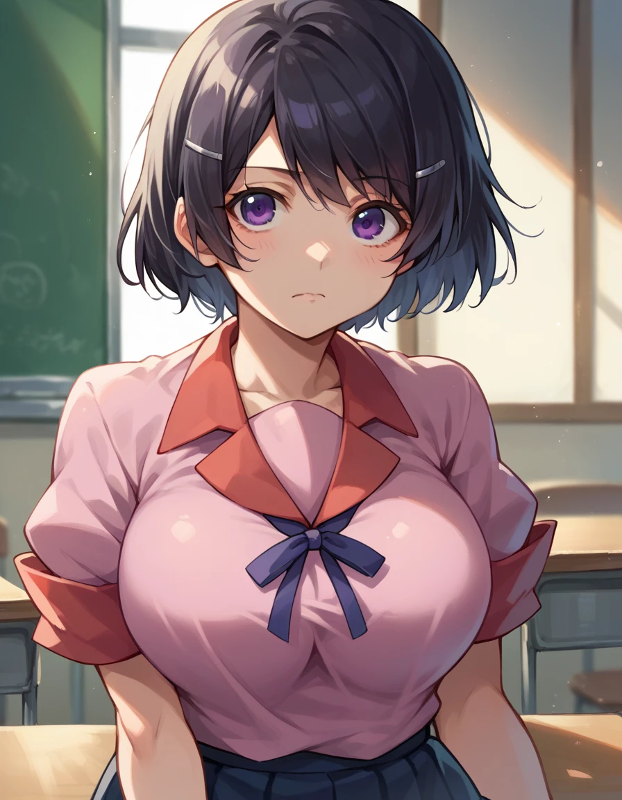 Hanekawa Tsubasa, short hair, black hair, hair ornament, purple eyes, hairclip,Big Breasts　School　machine　In the classroom　School uniform　椅子に座る