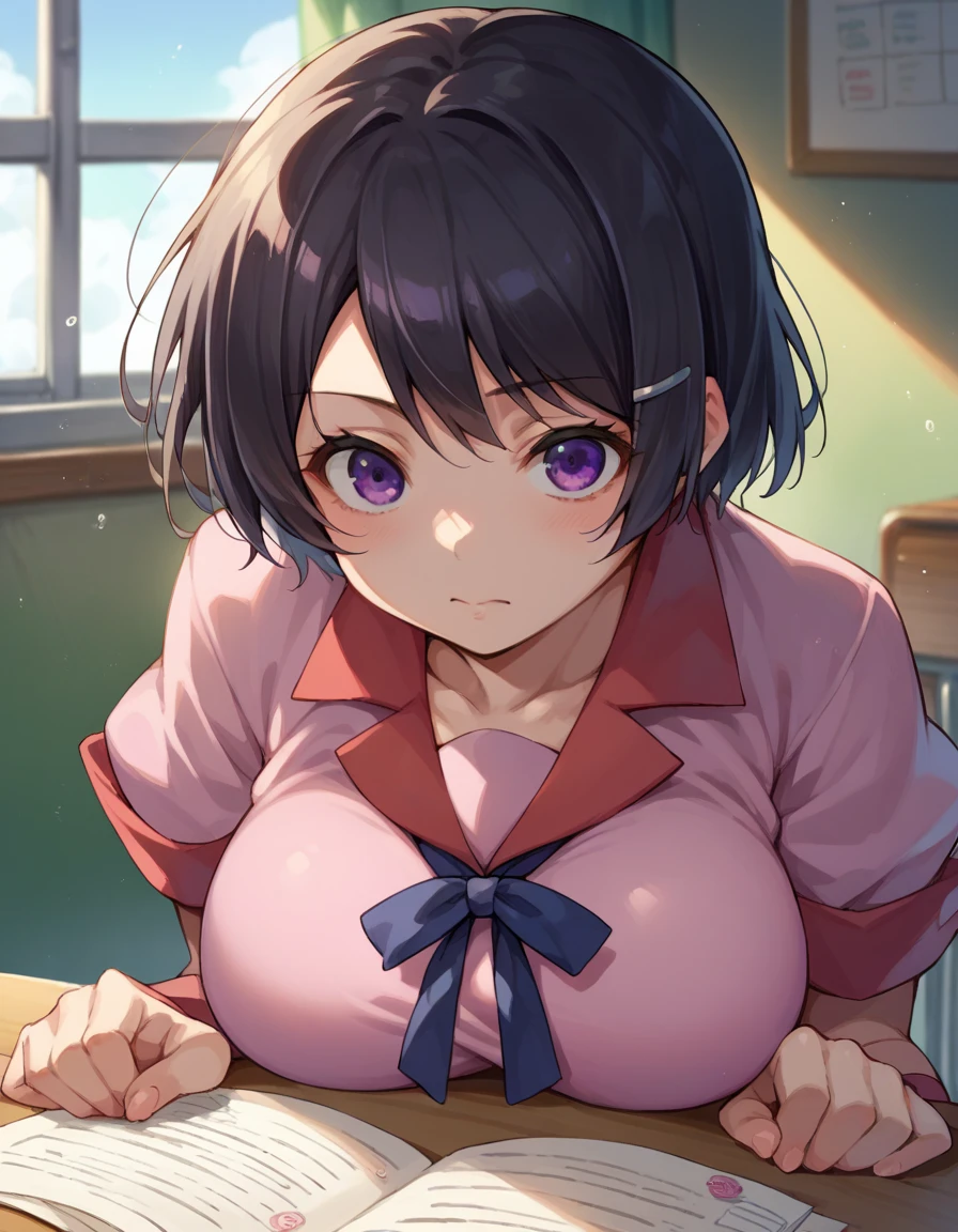 Hanekawa Tsubasa, short hair, black hair, hair ornament, purple eyes, hairclip,Big Breasts　School　machine　In the classroom　School uniform　椅子に座る