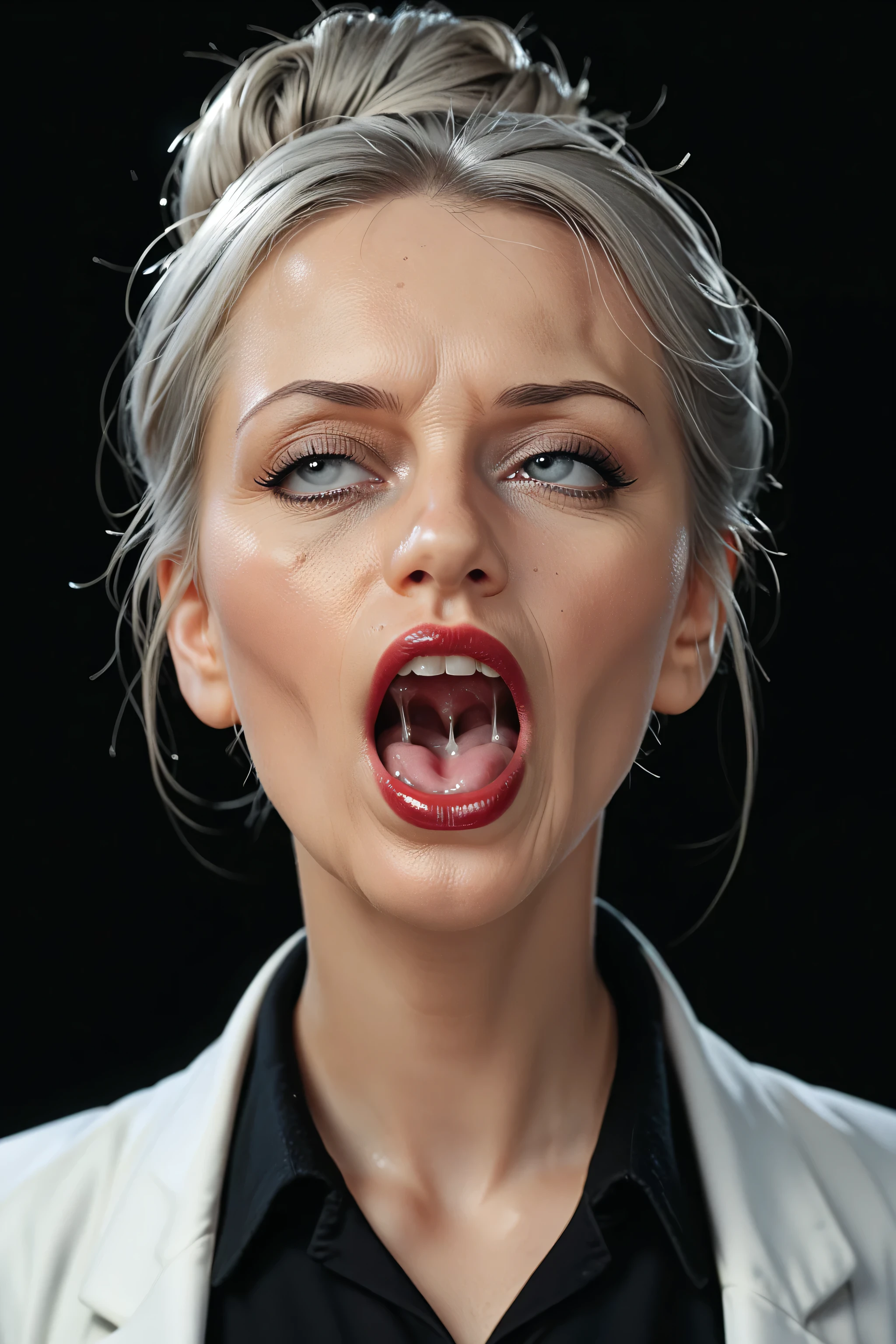 Prompt: score_9, score_8_up, score_7_up, solo,carrie underwood, gray haired woman, black background, elderly, lab coat_blackshirt_highneck, professional hairbun, carrie underwood, front view_facingviewer, screaming orgasm,orgasm_face, eyes looking up
