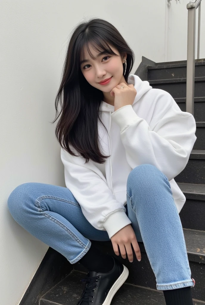 highest quality, Realistic, Very detailed, Finer details, High resolution, 8k wallpaper, One beautiful woman,Sit on the stairs, smile,（Black socks） Oversized hoodie, Skinny jeans,（ Black sneakers）、Black Hair、 Beautiful Bangs、ear piercing、Perfect dynamic composition, Beautiful and detailed, Full Body Shot, A big smile waiting to start