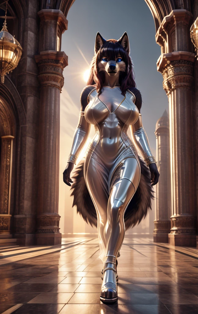  wolf, ears , realistic body tape, thin1tail ,perfect skin, face detailed, very oil skin,detalied blue eyes,perfect eyes,  very long scarlet hair, simmetrical bangs,bare navel,gigantic breasts, white latex gloss, transparent dress, High-heele,  full length, extreme detailed,  masterpiece,8k, stunning, highly detailed, 8k, ornate, intricate, dehazed, atmospheric,duration:1.6), physically based visualization,bright colors,cinematic lighting, fantasy city, epic detailed,Шедевр,Высокое разрешение, Высокое качество, Улыбаться,  Рендеринг 8K, epic realism, 