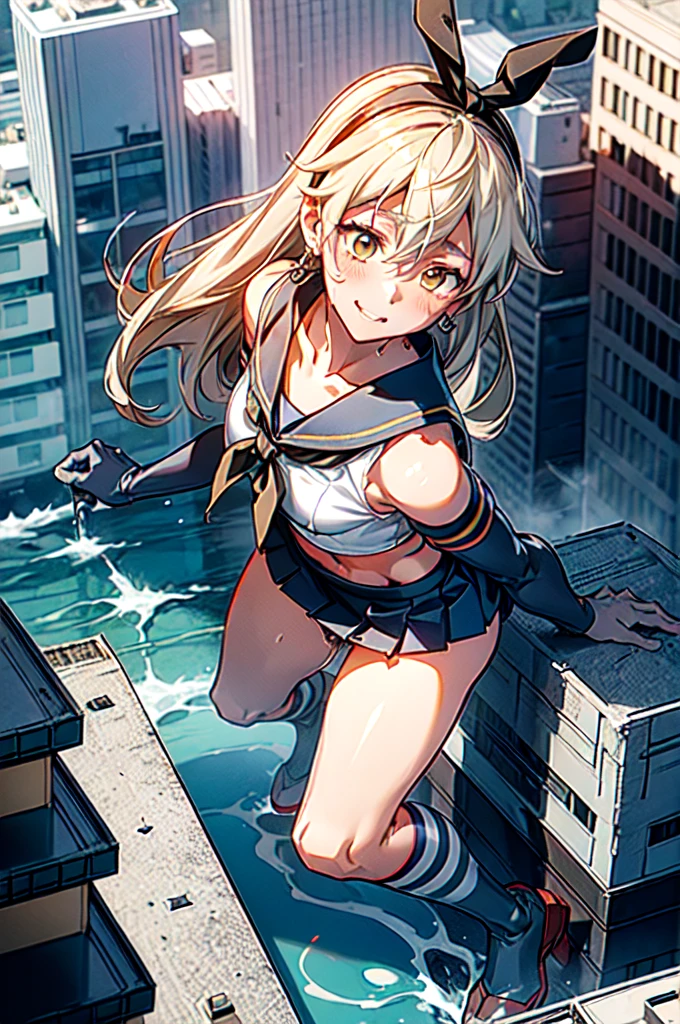 (( top quality)), ((score 9,score 8,score 7,upper score 6,masterpiece)), ( Details), shimakaze (Kantai Collection), (((Giantess,GTS,Giga size))), (destruction,crushing buildings,trampling multiple buildings by his feet,stepping multiple buildings ,nsfw,crowd trampled buildings,Catastrophic ,1boy,full body),femboy, body boy, cute, High  student, (he is taller than all buildings,sweat, heavy odor body, wet body ,dsocks,), Long Hair, View your viewers, blush, smile, elly button, Hair between the eyes, Mouth closed, Expose your shoulders, underwear, school uniform,  clavicle , whole body, Yellow Eyes, Pleated skirt, hair band, No sleeve, White gloves, mini skirt, Striped clothing, Crop top, Blue Skirt, wet, Skin dentition, High Leg, From above, Striped knee socks, Blue sailor collar, eye shadow, Earrings，From below, shiny body, shiny uniform, big ass, big dick, big penis, big bulge crotch, 