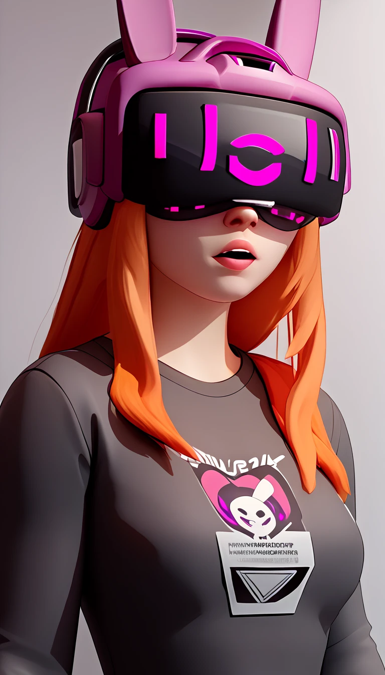 2D, 1girl, Alone, NormalMeggy , Orange Hair, wearing a zkovisor rabbit costume, Hypnotic Visor, mind control,helmet, кроличьи уши helmetа