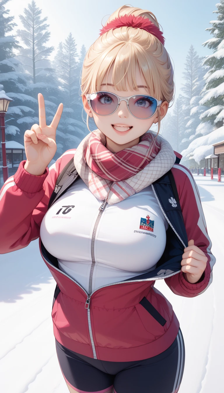 masterpiece, best quality, highly dramatic picture, beautiful eyes, cinematic lens effect,  big beautifully shaped breasts, ultra cute, ultra sexy, ultra bouncy , ultra curvy, horny, pervert, dutch angle, ((Supermodel)), ((Busty Bitches)) , ((Winter Sports)), 1girl, winter, excited, ecchi girl, shades, skiing jacket, scarf, slight breeze, peace hand sign, Victory, 