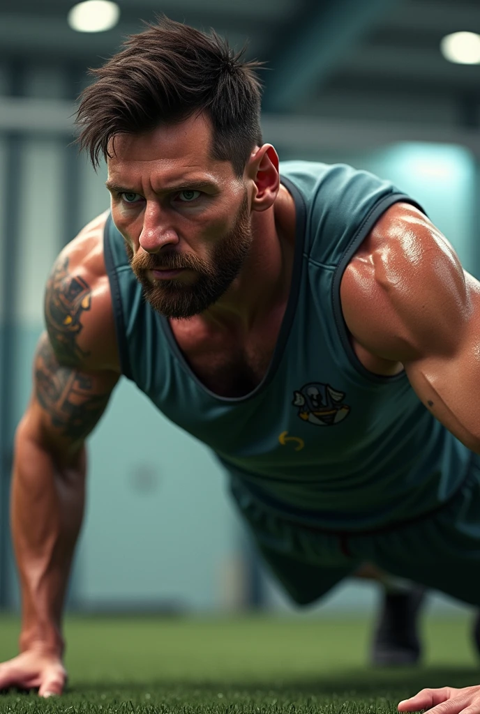 Male Alpha male, top, handsome, muscle body, sweating, soccer short bright red football, skating, little beard, gym, in dominant attitude, cock bulge