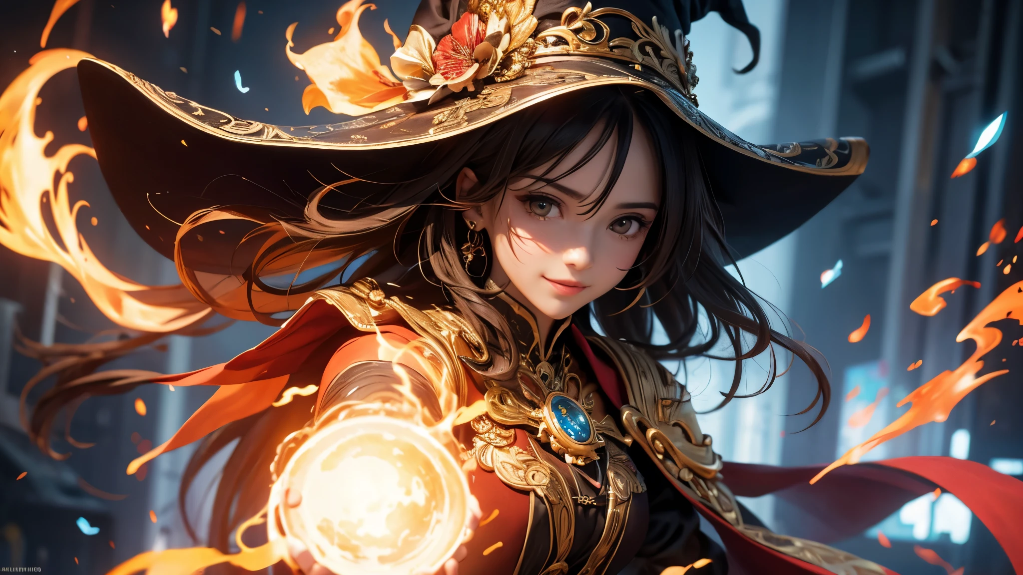 (( top quality)),( super high resolution ),( super detailed),( detailed description ),(( best CG )),( Best Artwork ), Ultra Precision Art, amazing painting art,(Exquisite art:1.5), witch, smile, The magic circle that spews fire,  action scene, plasma, Burst