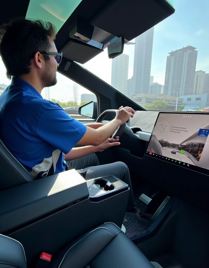 a photo of marlongobierno20 driving at the interiorcybertruck, you can see the city through the glass