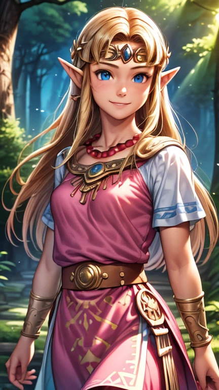 (1girl, zelda_a), (extremely detailed CG unit 8k wallpaper),(master part), (best quality), (ultra detail), (best illustration),(comic lo takamichi style), cowboy shot, standing, facing viewer, looking at viewer, perfect face, perfect eyes, perfect fingers, perfect hands, (Sharp eyeliner, ombre, detailed eyes:1), (digital art), forest, outdoor background, break , upper body, solo, smile, long hair, blond hair, pointy ears, blue eyes, circlet, pink dress, short sleeves, jewelry, bracer, bead necklace