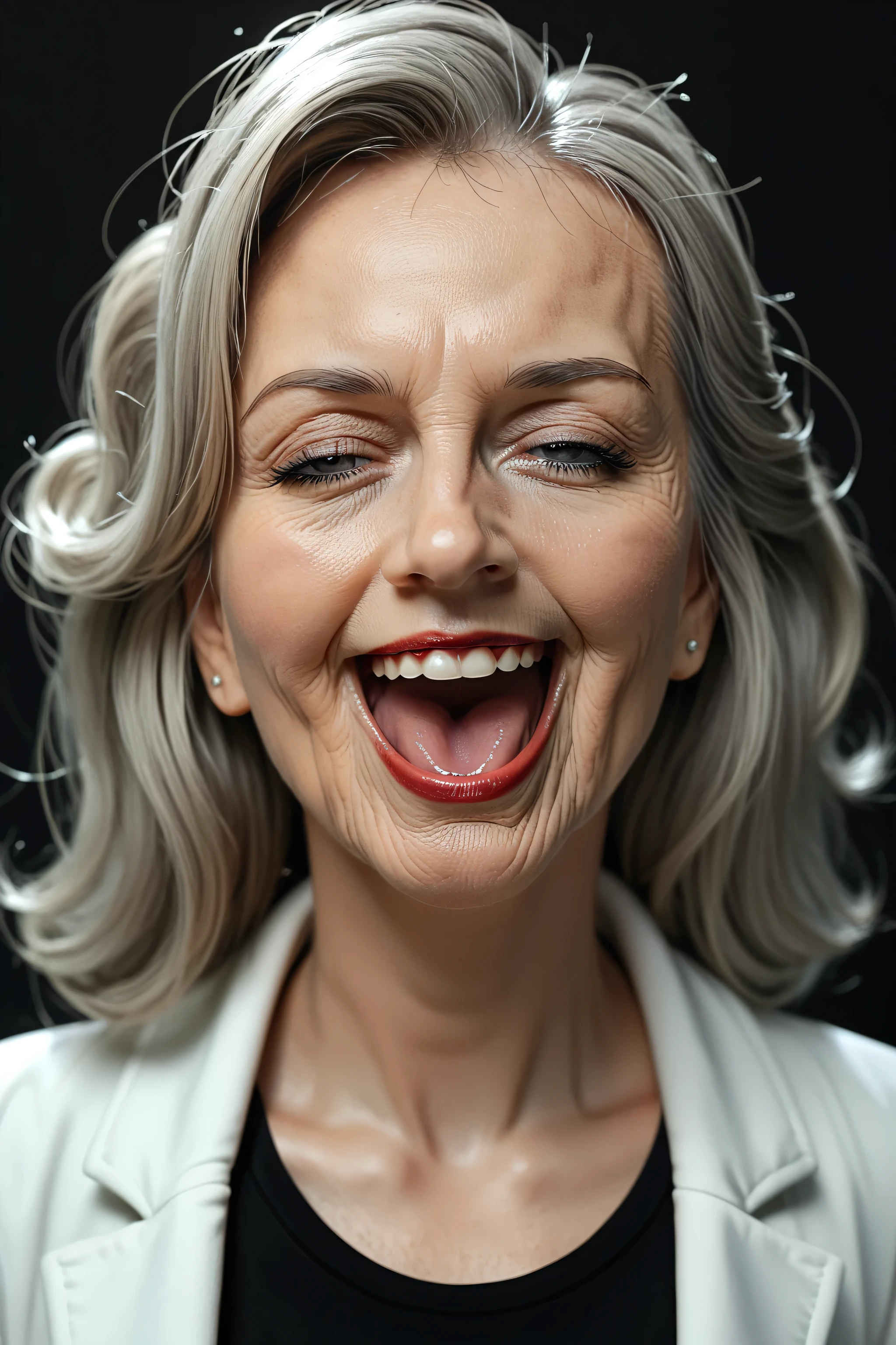 Prompt: score_9, score_8_up, score_7_up, solo,carrie underwood, gray haired woman, black background, elderly, lab coat_blackshirt_highneck, shoulder length hair_brunette roots, carrie underwood, front view_facingviewer, screaming orgasm_smile,orgasm_face