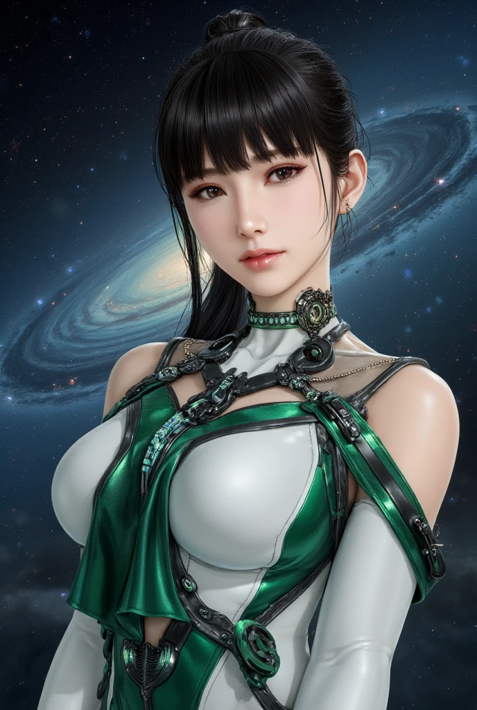 a close up of a woman in a green and silver suit, portrait anime space cadet girl, perfect android girl, beautiful female android!, girl in mecha cyber armor, perfect anime cyborg woman, highly detailed exquisite fanart, cyborg goddess in cosmos, android heroine, cyber suit, beutiful girl cyborg, scifi woman, cute cyborg girl, portrait of Eve from Stellar Blade